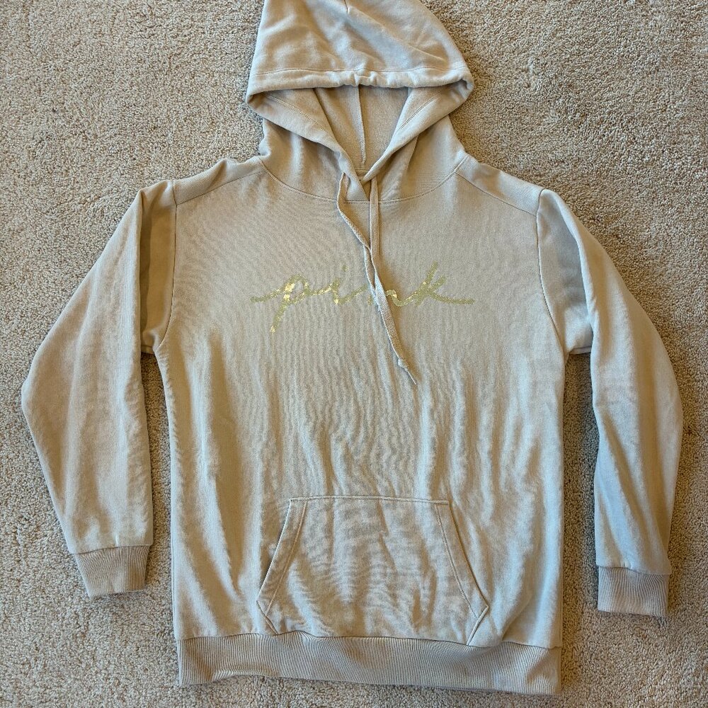 Victoria's Secret Pink Tan/Cream Silver Hoodie Sweatshirt Oversized